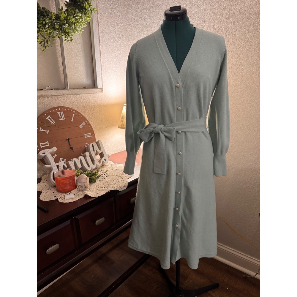 Ann Taylor Mint Green Pearl Button Belted Knit Sweater Midi Dress Small